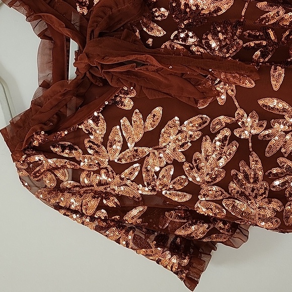 Anthropologie Womens Burnt Orange Floral Sequin Cut Out Blouse Top Size XL - Picture 13 of 16